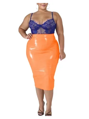 Supply Second Skin Women Plus Size Wetlook Wetlook PVC Back Two Zippers Bodycon Midi Skirt Ladies High Waist Party Skirt