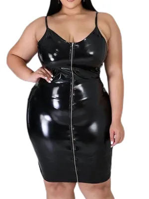 Second Skin Plus Size Women Wet Look Shiny Wetlook PVC Dress Straps Zip Dresses Ladies Sleeveless Bodycon Dress
