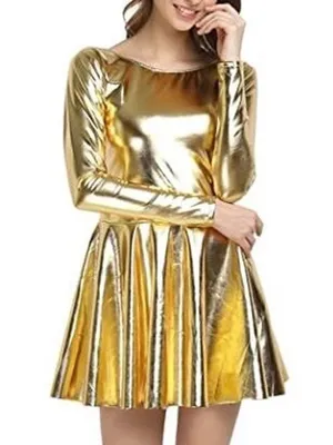 Second Skin Women Mini Dress Wet Look Shiny Metallic Long Sleeve Dresses