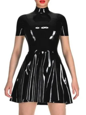 Second Skin Woman Short Sleeve Wet Look Shiny Club Pleated Dresses Wetlook PVC Mini Dress