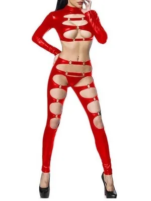 Zentai Second-skin Women Wet Look Skinsuit Shiny Metallic Long Sleeve Hollow Chest Top Slim Leggings