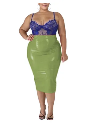 Second Skin Women Midi Wetlook PVC Skirt High Waist Smoothing Leather Pencil Skirt Summer Streetwear