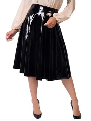 Second Skin High Quality Wet Look Wetlook PVC Gothic Pleated Midi Skirt Women Vintage Knee Length High Waist Skirt Formal Party Costume
