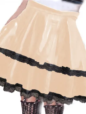 Second Skin Wet Look Shiny Wetlook PVC Leather Women Black Ruffle Edge Cake Skirts Double Layer Skater Skirt High Waist Stretch Mini Skirt Nightclub Summer