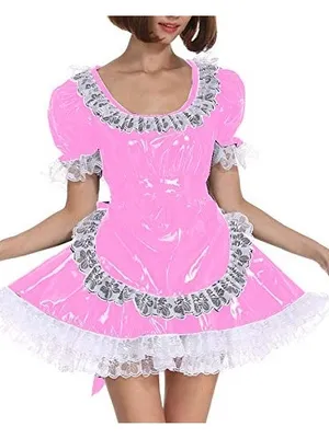 Second Skin White Lace Splicing Maid Dress Lady Wetlook PVC Lolita Mini Dress