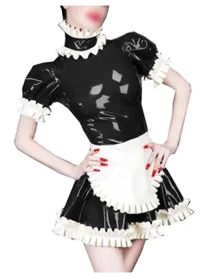 Second Skin Womens Men Maid Costumes Wetlook Wet Look Shiny Wetlook PVC Pleated Mini Dress with Apron Halloween Cosplay Uniform Outfit