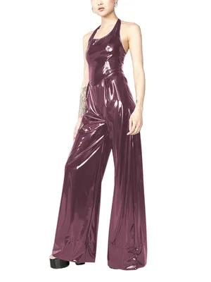 Wet Look Skinsuit Shiny Wetlook Unitard PVC Halter-neck Waisted Party Jumpsuit Sleeveless Backlessloose Wide Legs Pants Romper Summer High Streetwear Zentai Second-skin Costume