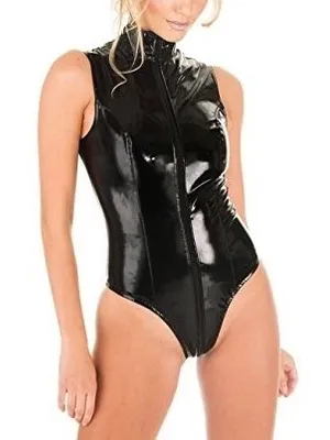 Women's Zipper Wetlook Leotard PVC Sleeveless Bodysuits Wetlook Leotard Open Crotch Bodysuit Second Skin Costume
