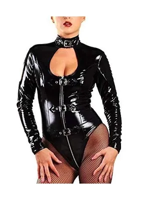 Open Crotch Long Sleeve Bodysuit Lady Keyhole Wetlook Leotard PVC Bodysuits Second Skin Costume