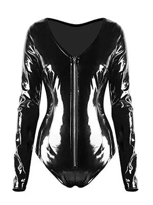 Black Women's Wet Look Shiny Pvcbodysuit Long Sleeve Jumpsuit Pole Dance Bodysuits Second Skin Costume