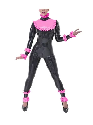 Black with Frills Catsuit Suit Long Puffed Sleeves Rubber Jumpsuit Skinsuit Wetlook Unitard PVC Overall Gothic Catsuit with Ruffles Zentai Second-skin Costume