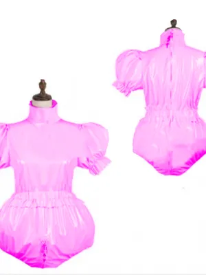 Fetish Cross-dresser Catsuitsuit Wet Look Skinsuit Shiny Wetlook Unitard PVC Plus Size Lolita Puff Short Sleeve Maid Cosplay Costume Clothes Lockable Wetlook Unitard PVC Gay Gothic Jumpsit Zentai Second-skin Costume