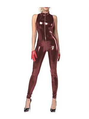 Sleeveless Skinsuit Wetlook Unitard PVC Catsuit Zip to Crotch Jumpsuit Cosplay Uniform Zentai Second-skin Costume