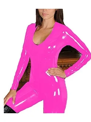 Deep V-neck Long Sleeve Catsuit Women Glossy Skinsuit Wetlook Unitard PVC Jumpsuit Zentai Second-skin Costume