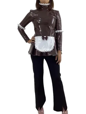Second Skin Maid Ruffle Top High Neck Frill Style Apron Tee Shirt Role Play Costume Wet Look Shiny Wetlook PVC Long Sleeve Maid Blouse