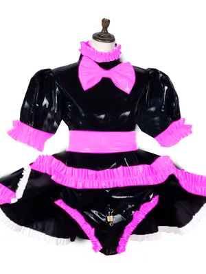 Second Skin Lockable Fetish Cross-dresser Maid Dress Lolita Wetlook PVC Maid Cosume with Bow Wetlook PVC Crossdressing Fetish Wear Fetish Cross-dresser Dress