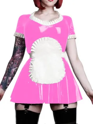 Second Skin Maid Short Sleeve Mini Dress Cute Uniform Wetlook PVC Pleated Dress Cosplay Costumes Lolita Dress with Apron