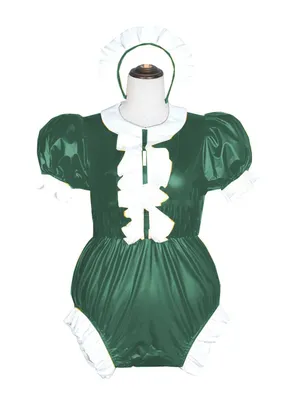 Second Skin Puff Short Sleeve Maid Cosplay Costume Wetlook Leotard Wetlook PVC Bodysuit Women High Cut Jumpsuit Stage Dress