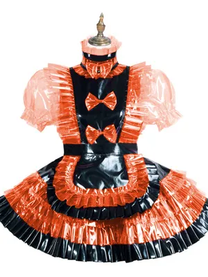 Second Skin Fetish Cross-dresser Lockable Black Wetlook PVC Patchwork Maid Unifroms Fetish Clear Maid Dress with Apron Puff Short Sleeve Frills Maid Dress
