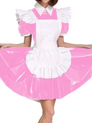 Supply Second Skin Exotic Maid Cosplay Wetlook PVC Uniform Women Wet Look Short Puff Sleeve Mini Dress French Maid Costume Lolita Apron Dress