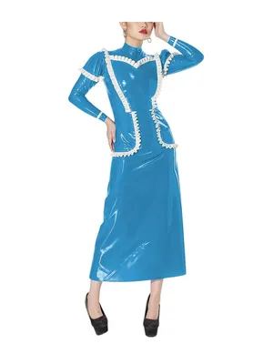 Supply Second Skin Wet Look Shiny Pvcdress Sets with Frills Puffed Sleeve Top High Waist Ankle Length Pencil Skirt Suits